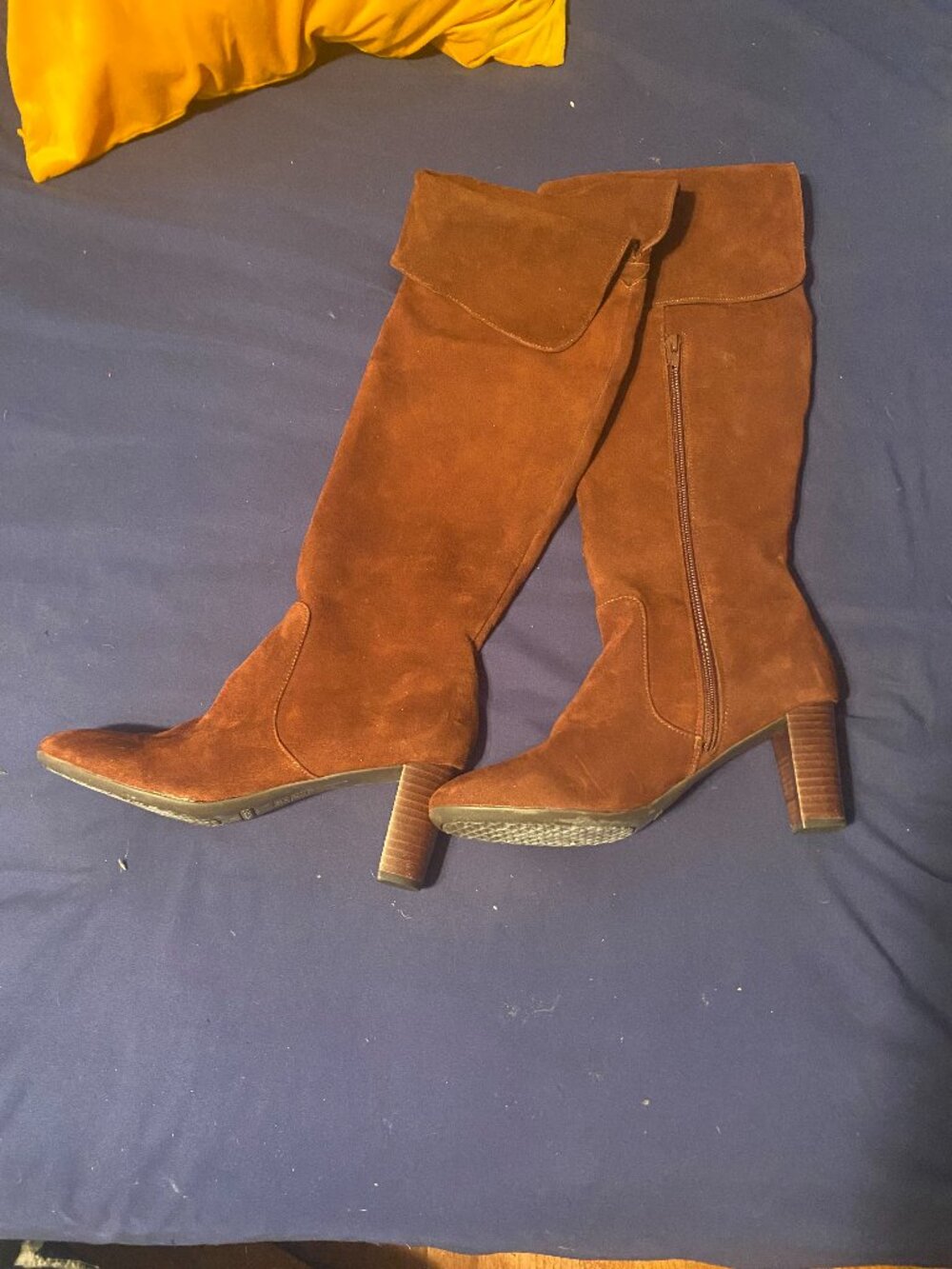 Comfortable Women's Faux Shearling Trimmed Knee High Wedge Boot in Tobacco Faux